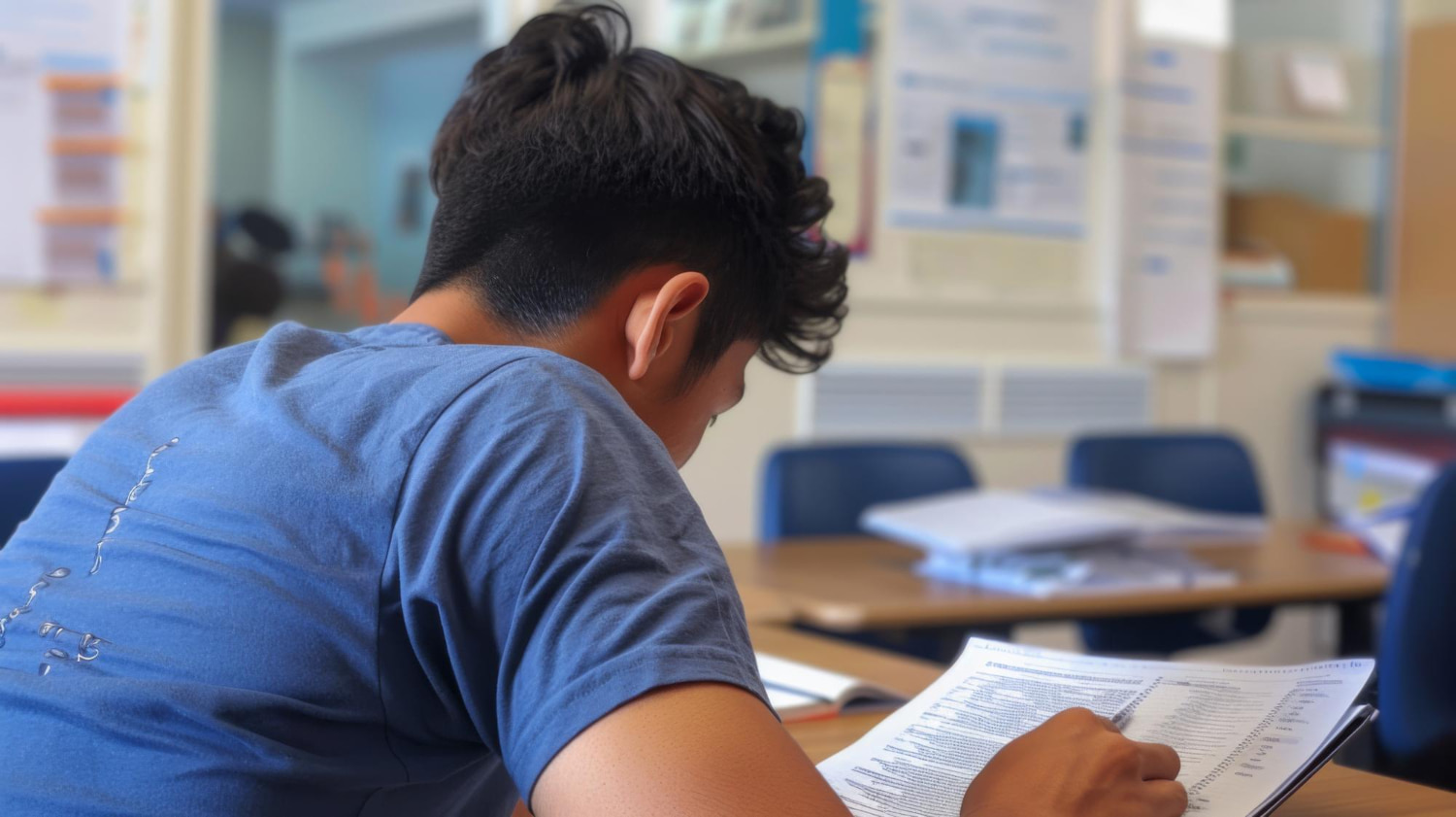 Joven escribe en una hoja sobre un portapapeles en un salón