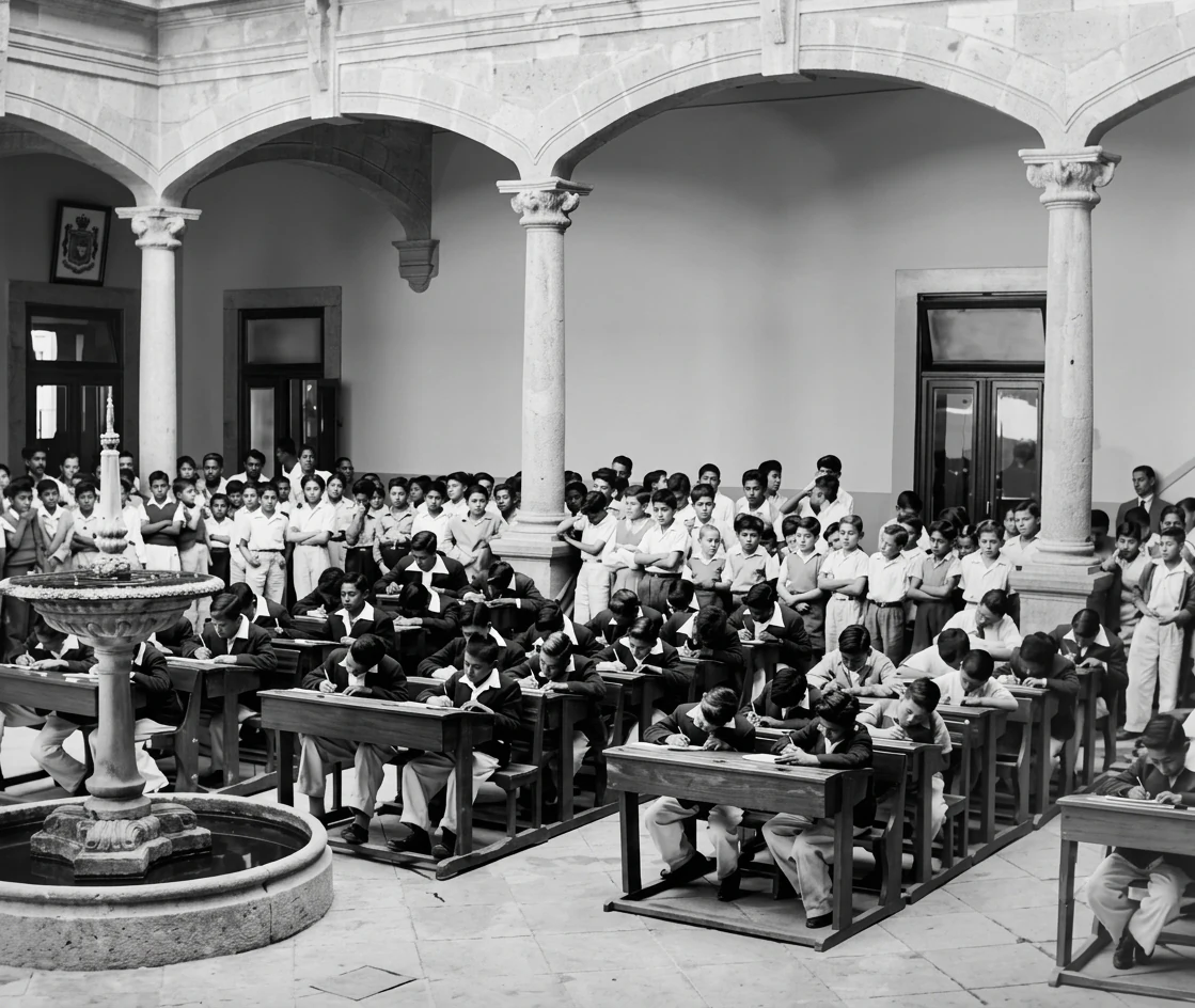 Patio de arcos lleno de pupitres con alumnos, en una foto de archivo